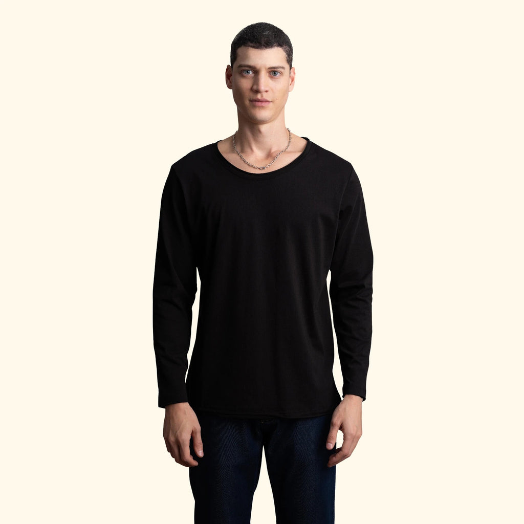 Erkek Siyah %100 Pamuk Kesik Yaka Basic Regular Fit Sweatshirt