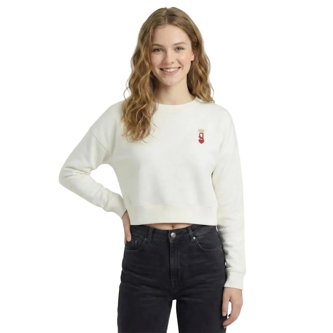 Kadın Beyaz Queen Nakış Detaylı Crop Regular Fit Sweatshirt