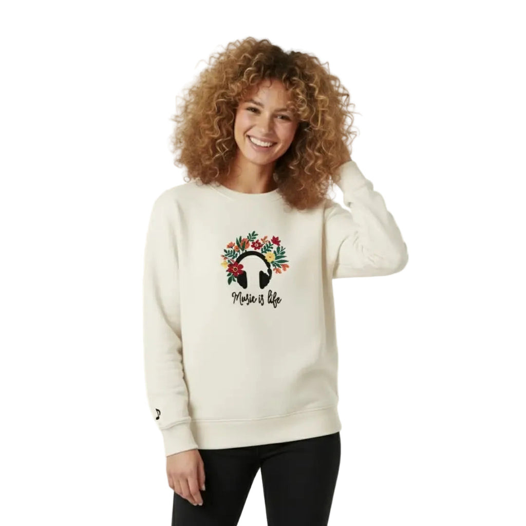 Kadın Beyaz Music Nakış Detaylı Oversize Sweatshirt