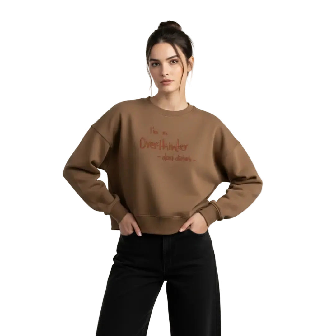 Kadın Kahve Overthinker Nakış Detaylı Crop Oversize Sweatshirt