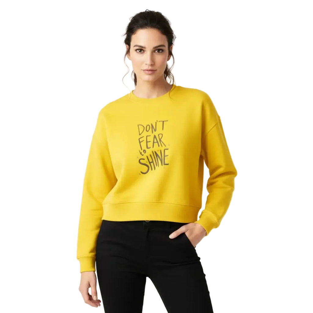 Kadın Sarı Shine Nakış Detaylı Crop Oversize Sweatshirt