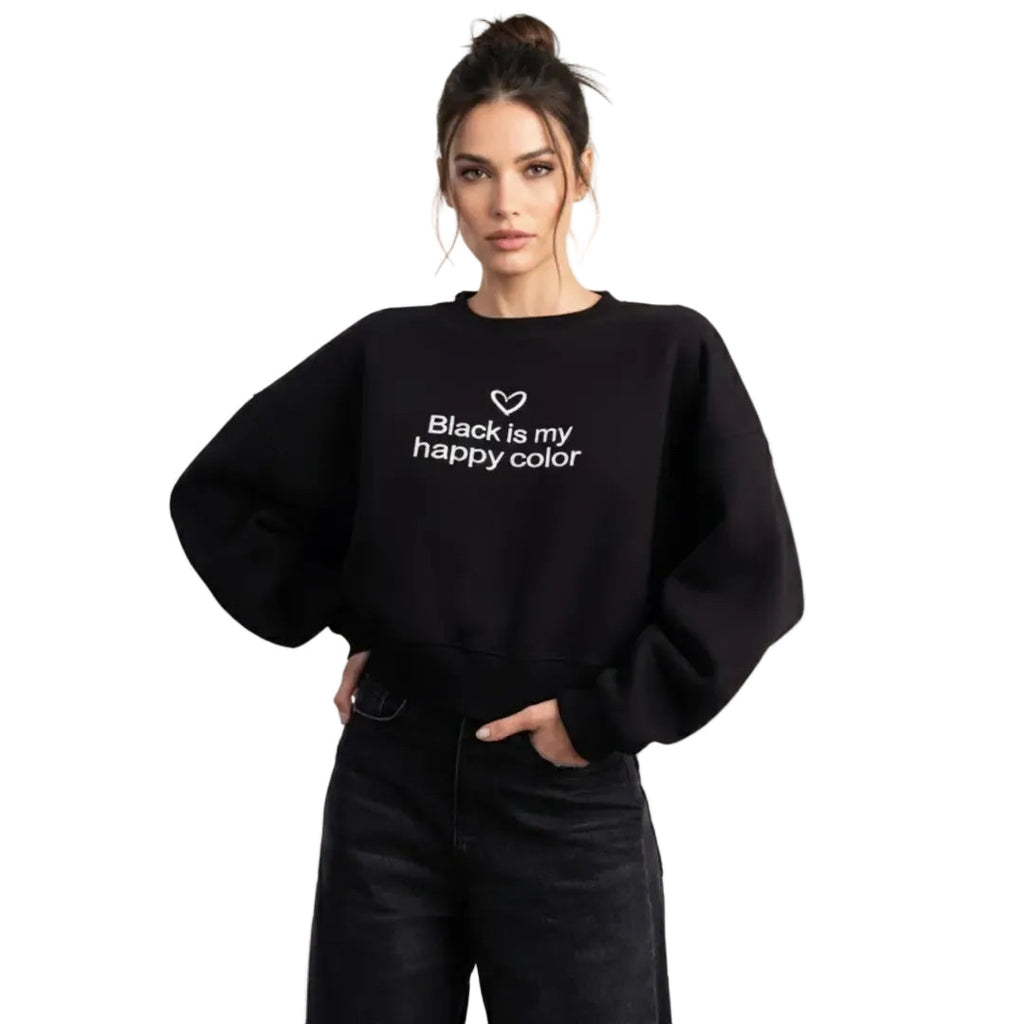 Kadın Siyah Black Nakış Detaylı Crop Oversize Sweatshirt