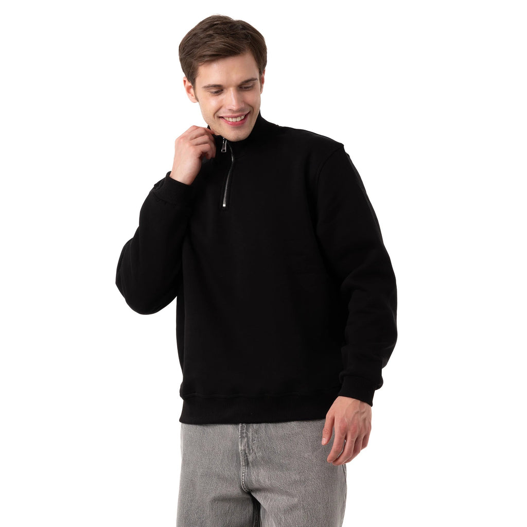 Erkek Siyah Yarım Fermuarlı Yakalı Rahat Kalıp Sweatshirt