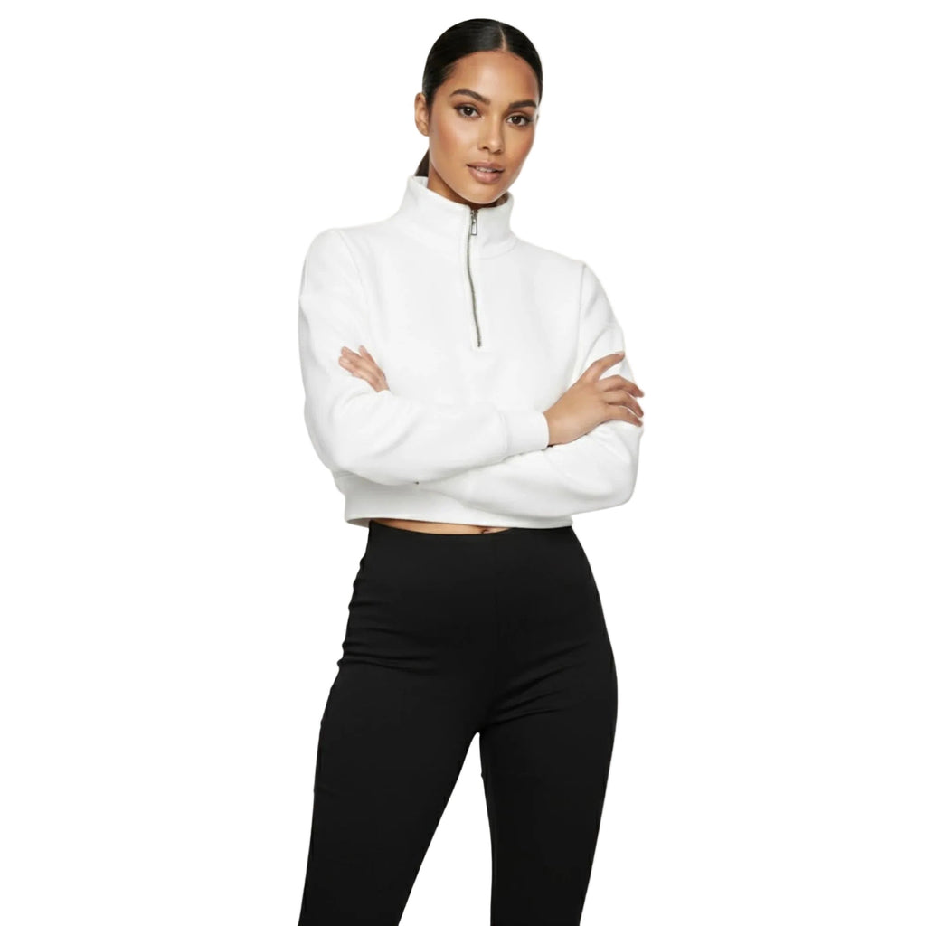Kadın Beyaz Yarım Fermuarlı Dik Yaka Crop Sweatshirt