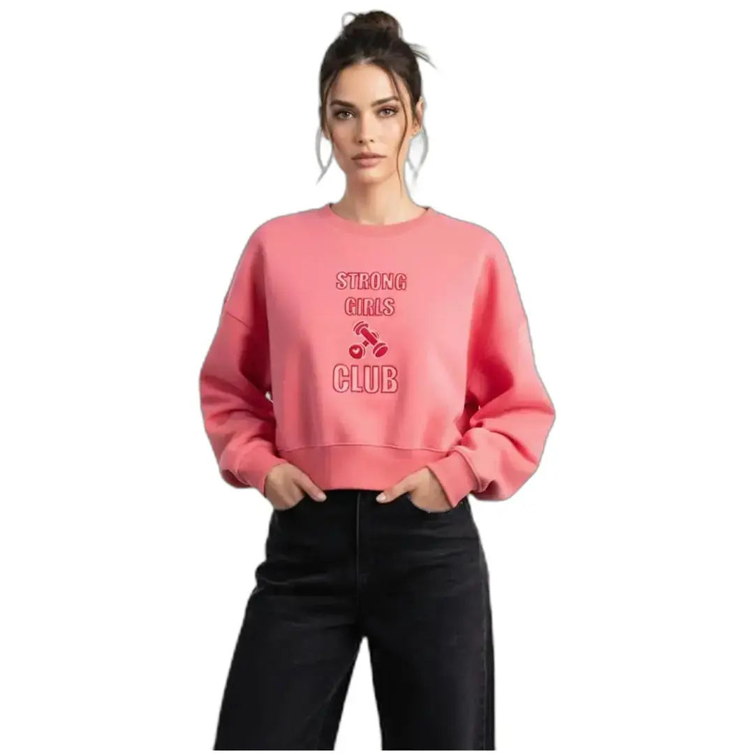 Kadın Pembe Strong Nakış Detaylı Crop Oversize Sweatshirt