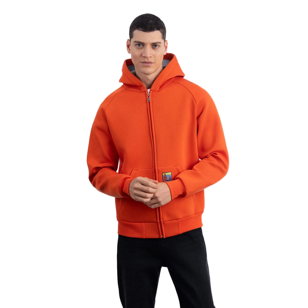 Erkek Oranj Su İtici Kapüşonlu Flok Sweatshirt Ceket