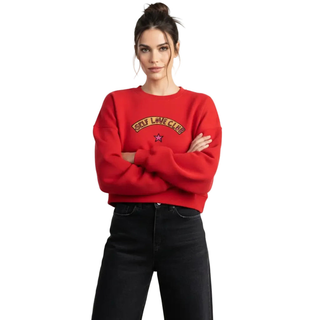 Kadın Kırmızı Love Club Nakış Detaylı Crop Oversize Sweatshirt