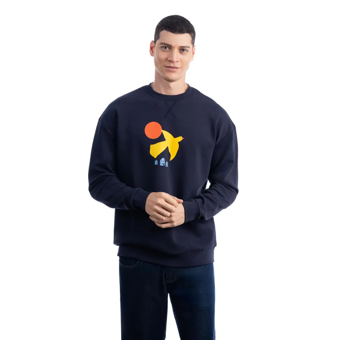 Erkek Lacivert Yellow Bird Baskılı %100 Pamuk Regular Fit Sweatshirt