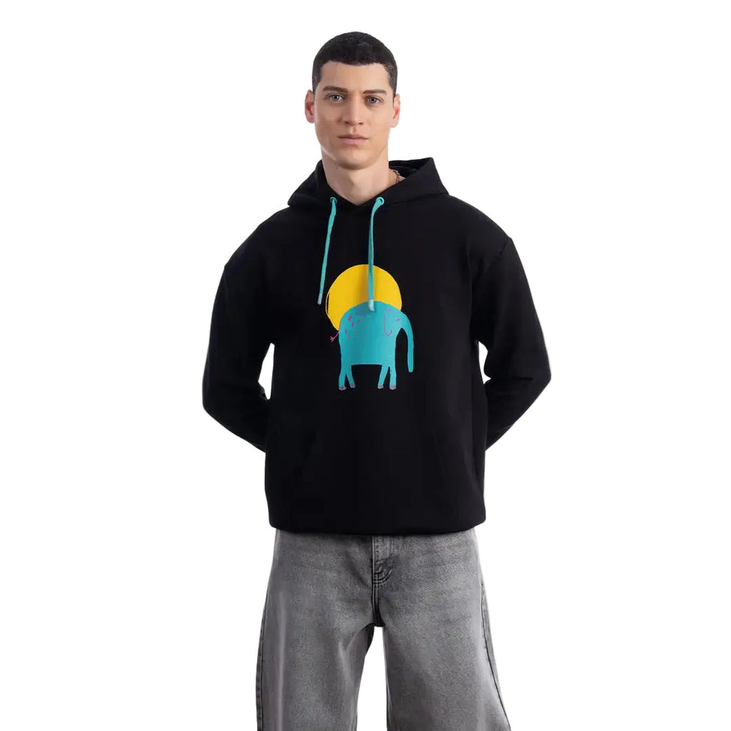 Erkek Siyah Elephant Baskılı Kapüşonlu %100 Pamuk Sweatshirt