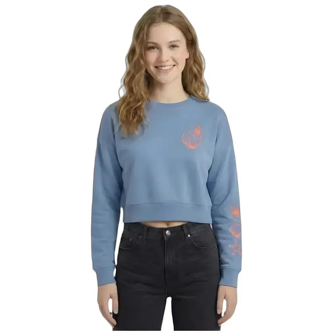 Kadın Bebe Mavi Reef Deniz Nakışlı Crop Regular Fit Sweatshirt