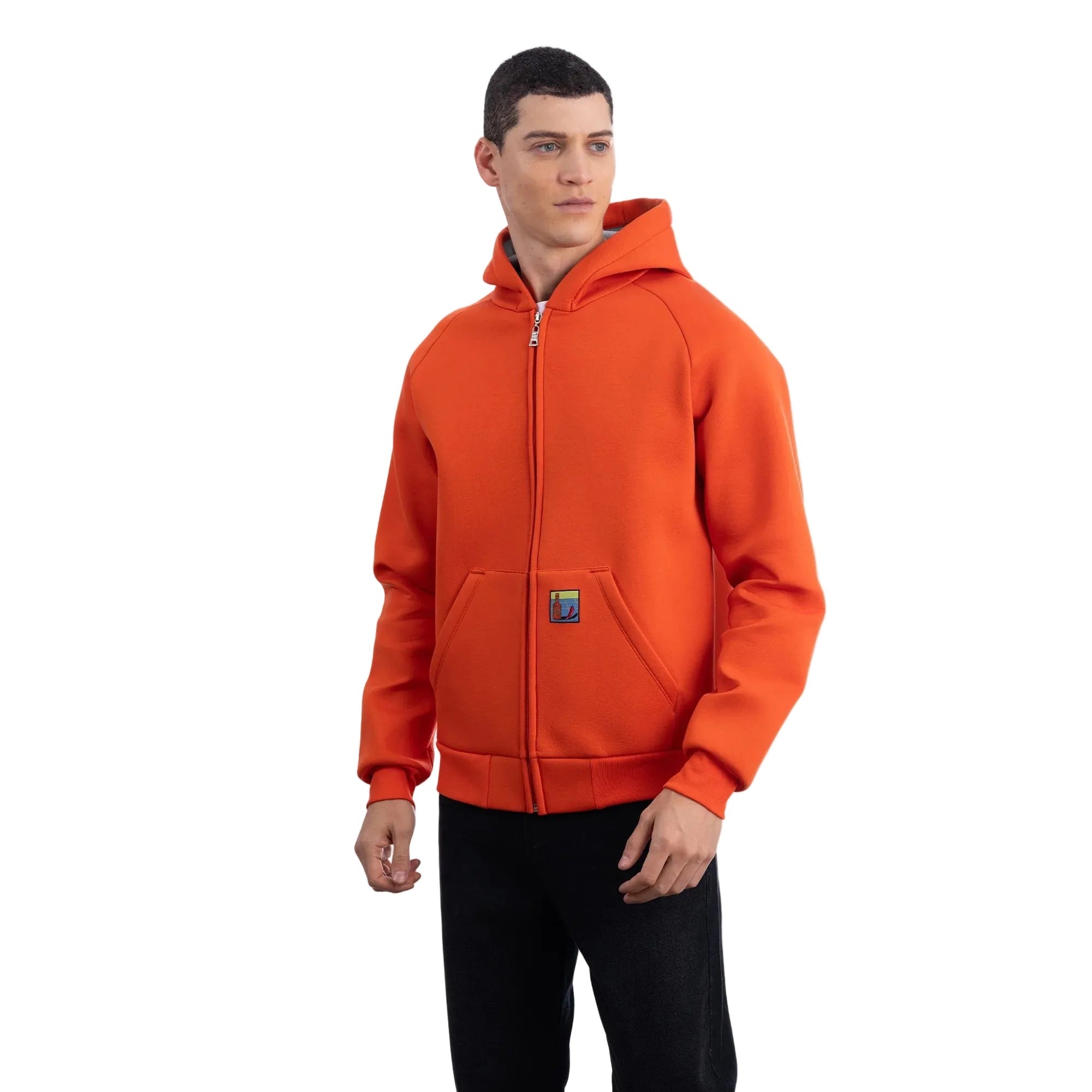 Erkek Oranj Su İtici Kapüşonlu Flok Sweatshirt Ceket - 2