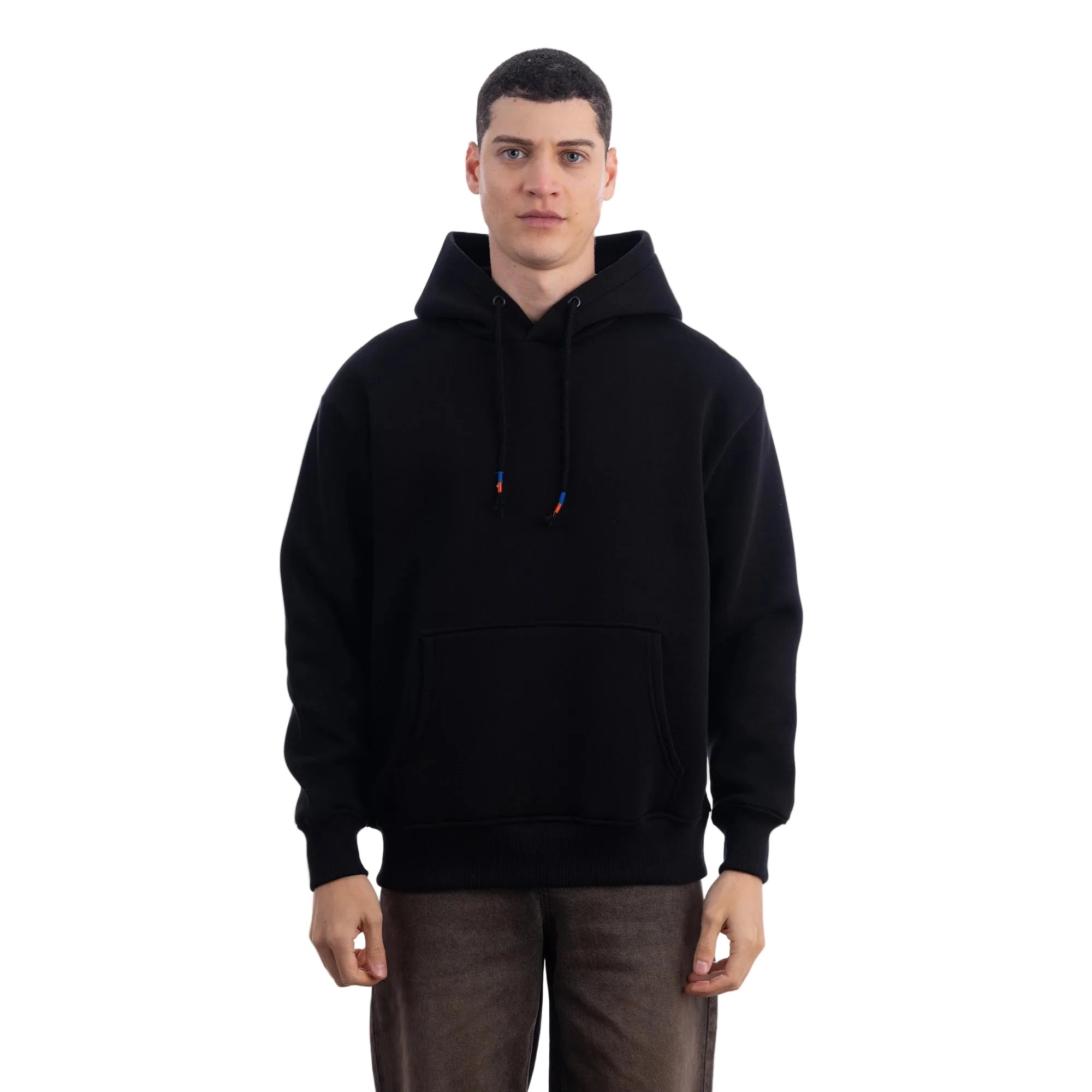Erkek Siyah Kapüşonlu Kanguru Cepli Basic Sweatshirt Hoodie - 2