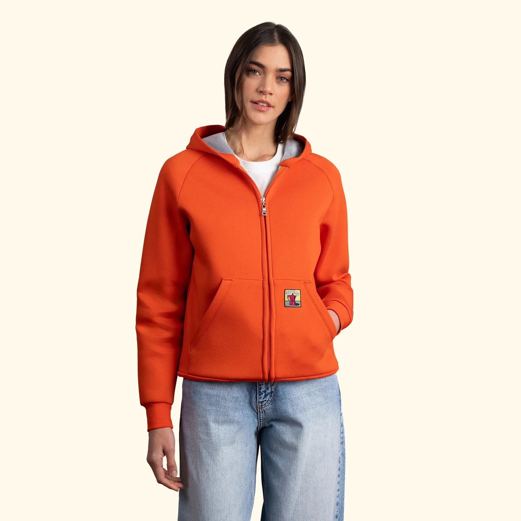 Kadın Oranj Su İtici Flok Kapüşonlu Sweatshirt Ceket - 2