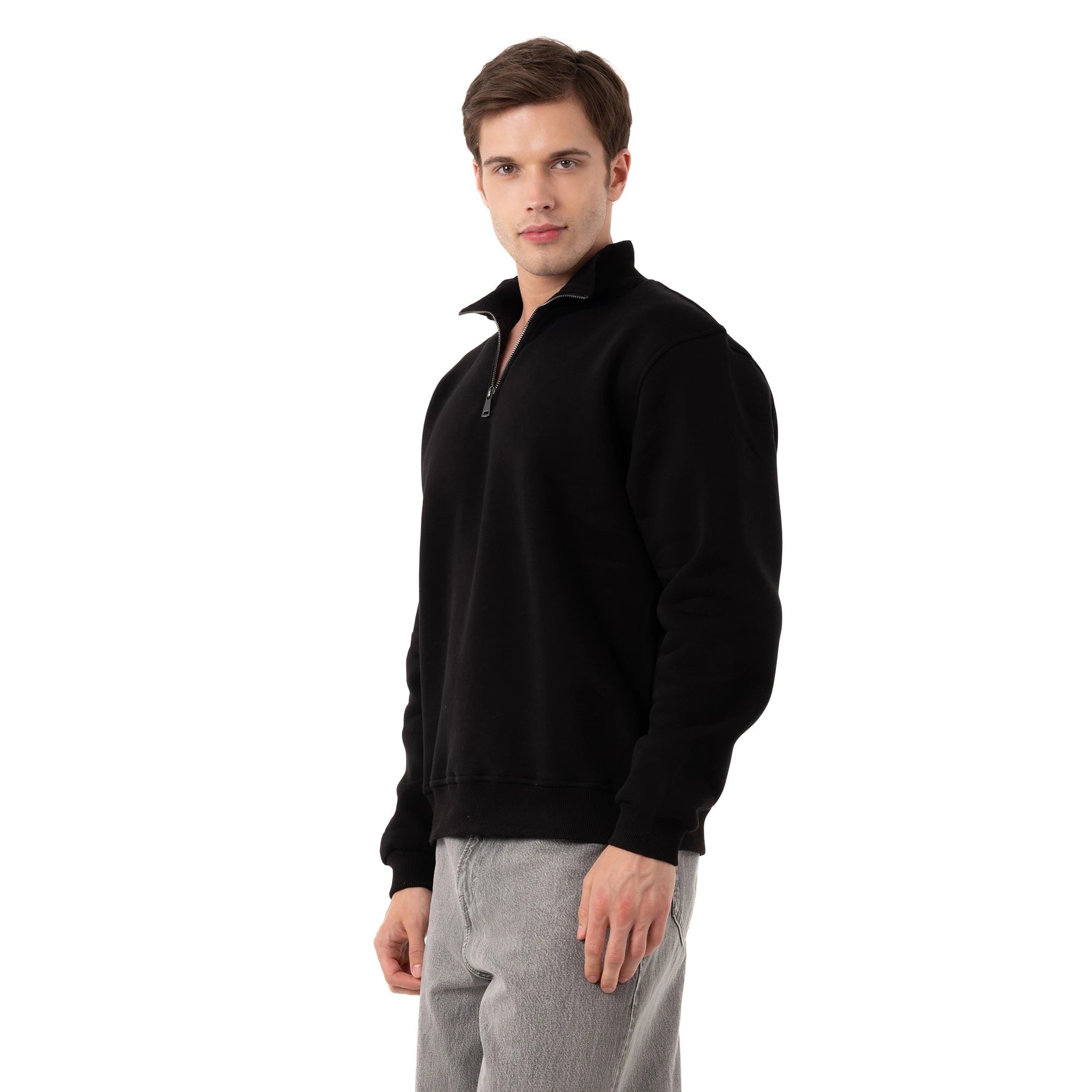 Erkek Siyah Yarım Fermuarlı Yakalı Rahat Kalıp Sweatshirt - 2