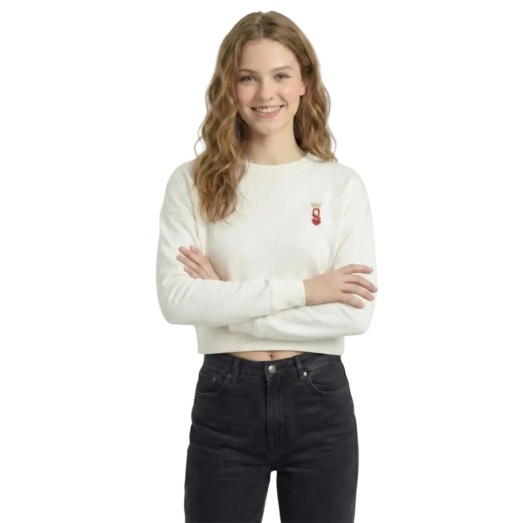 Kadın Beyaz Queen Nakış Detaylı Crop Regular Fit Sweatshirt - 2