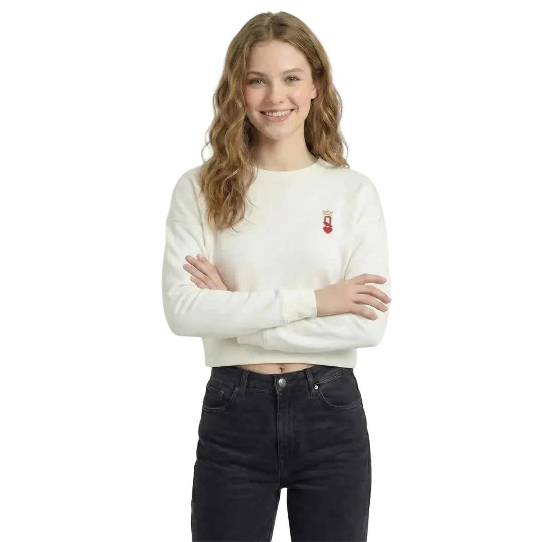 Kadın Beyaz Queen Nakış Detaylı Crop Regular Fit Sweatshirt - 2