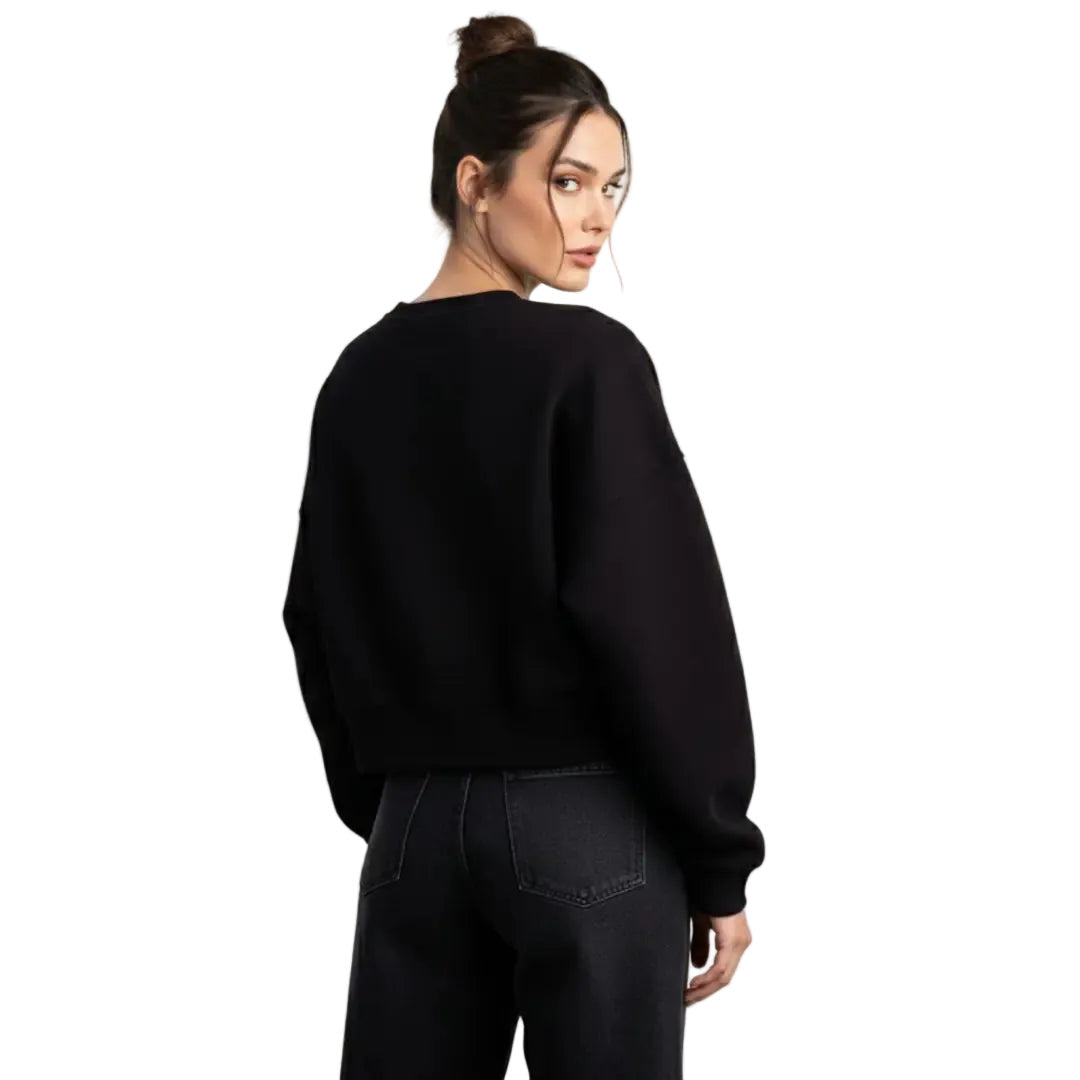 Kadın Siyah Black Nakış Detaylı Crop Oversize Sweatshirt - 2