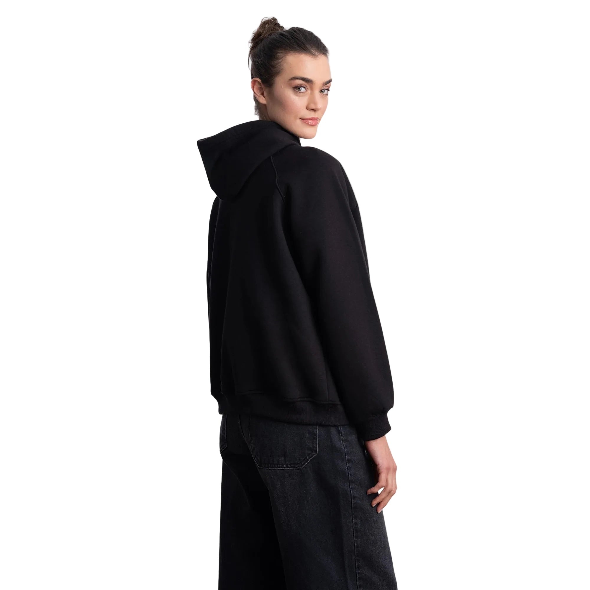 Kadın Siyah Kapüşonlu Salaş Hoodie Sweatshirt - 2