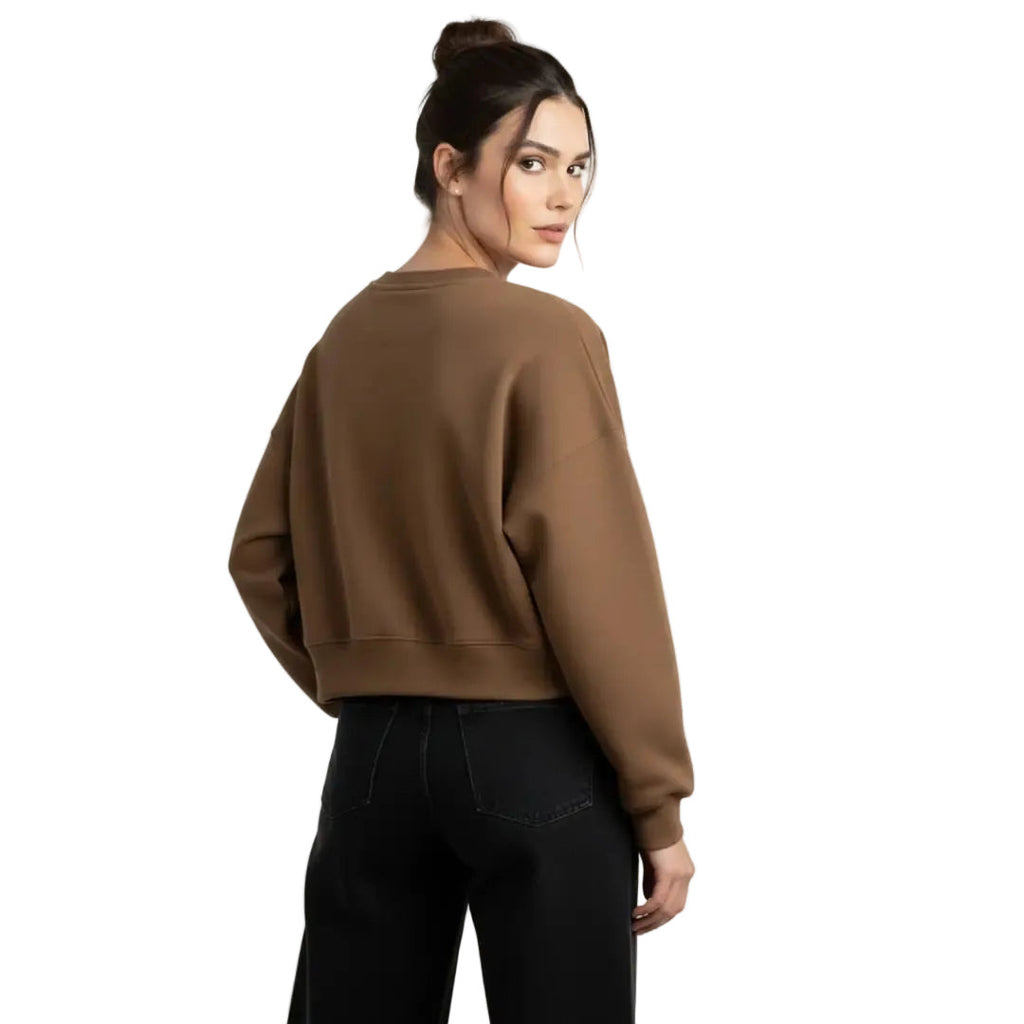 Kadın Kahve Overthinker Nakış Detaylı Crop Oversize Sweatshirt - 2