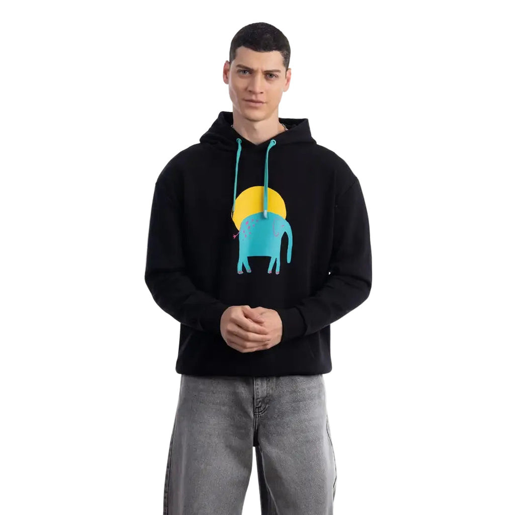 Erkek Siyah Elephant Baskılı Kapüşonlu %100 Pamuk Sweatshirt - 2