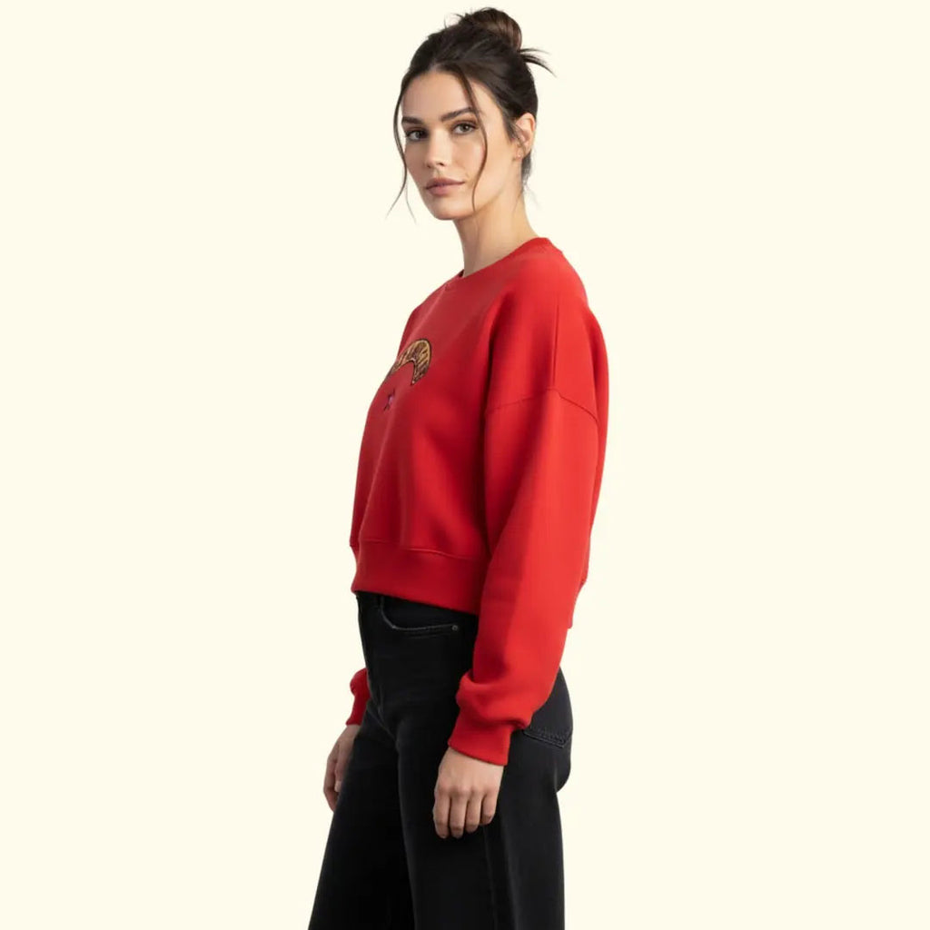 Kadın Kırmızı Love Club Nakış Detaylı Crop Oversize Sweatshirt - 2