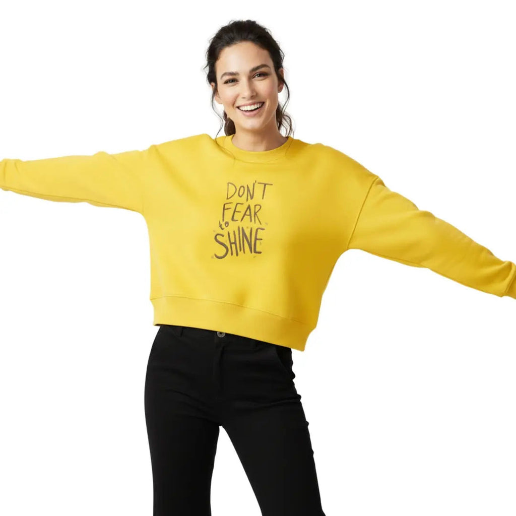 Kadın Sarı Shine Nakış Detaylı Crop Oversize Sweatshirt - 2