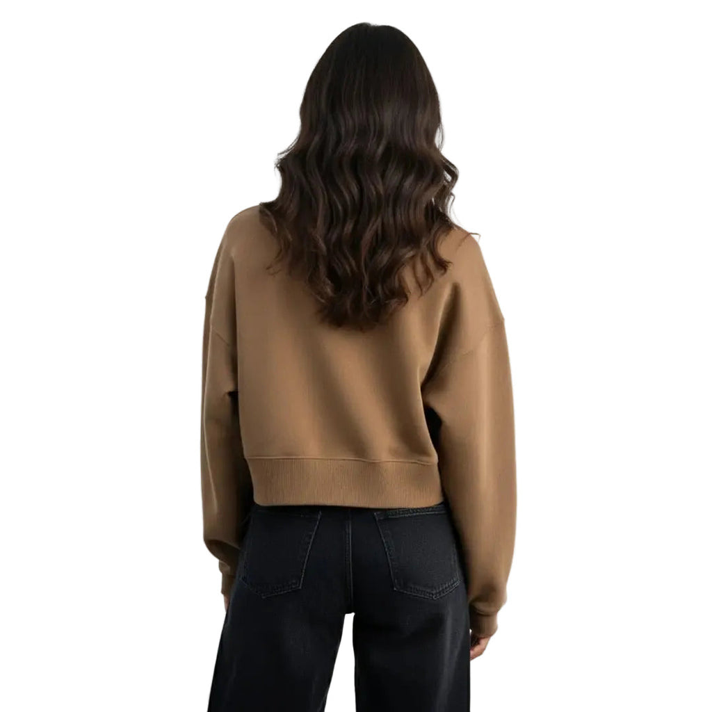 Kadın Kahve Power Nakış Detaylı Crop Oversize Sweatshirt - 2