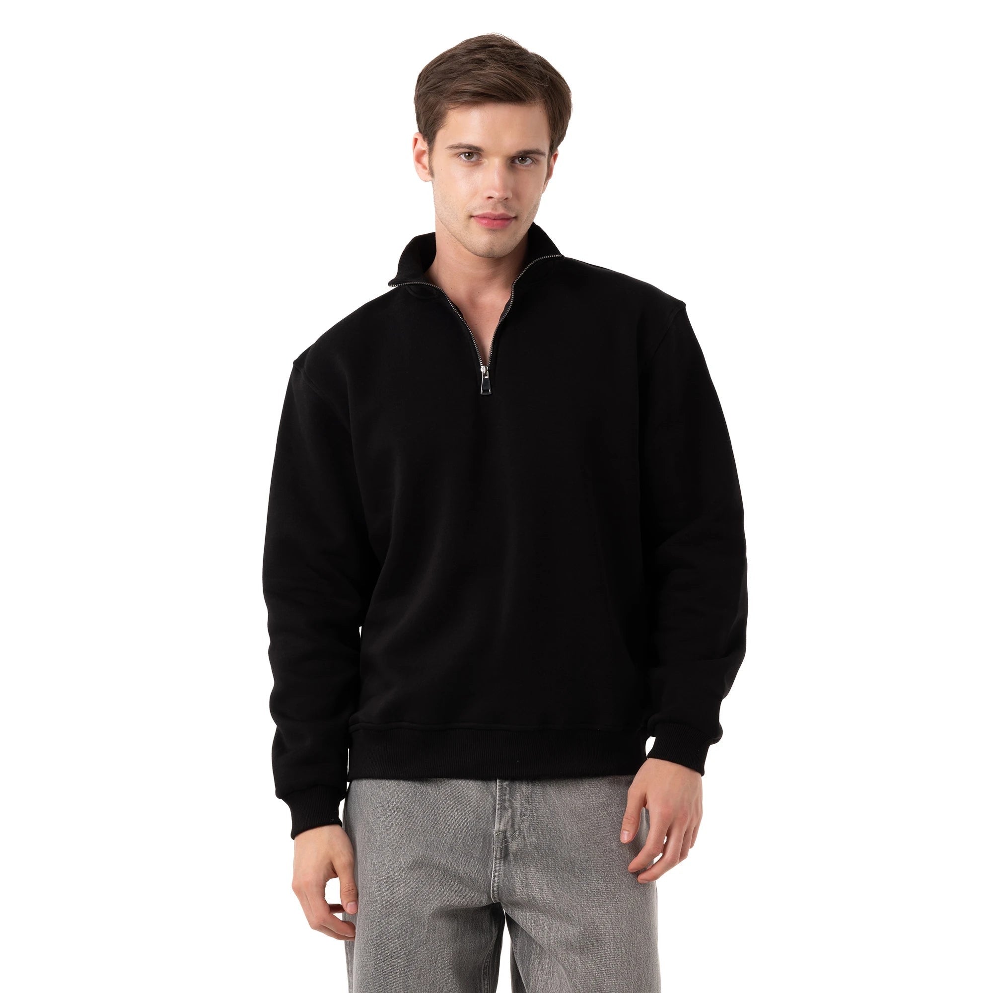 Erkek Siyah Yarım Fermuarlı Yakalı Rahat Kalıp Sweatshirt - 3