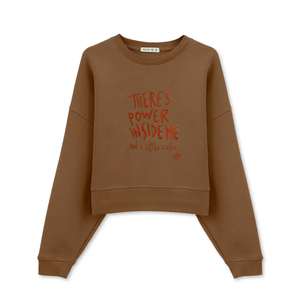 Kadın Kahve Power Nakış Detaylı Crop Oversize Sweatshirt - 3