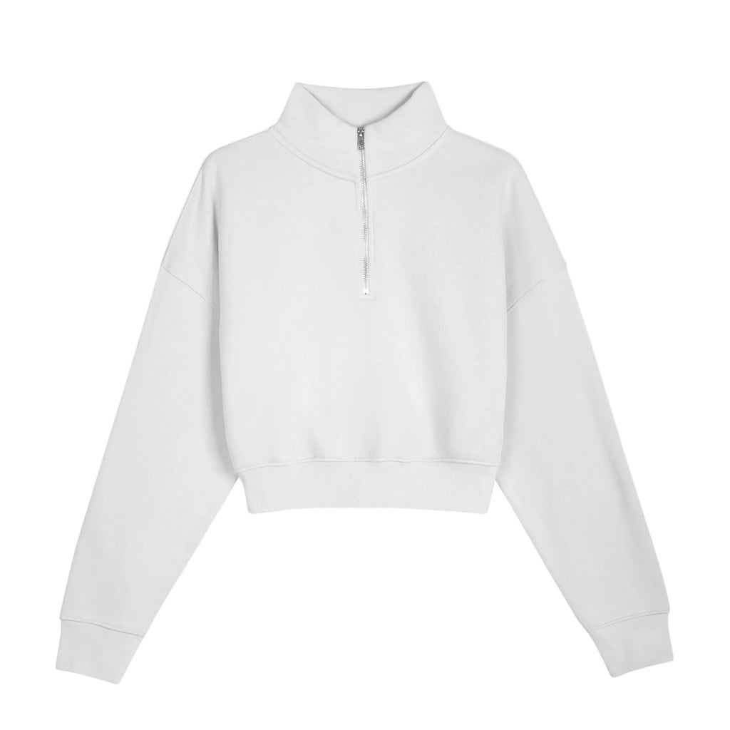 Kadın Beyaz Yarım Fermuarlı Dik Yaka Crop Sweatshirt - 3