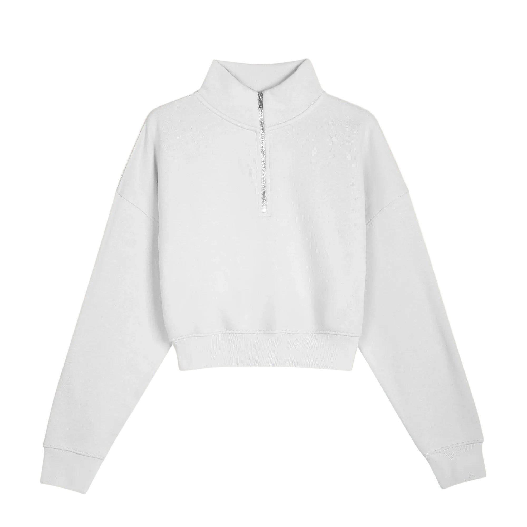 Kadın Beyaz Yarım Fermuarlı Dik Yaka Crop Sweatshirt - 3