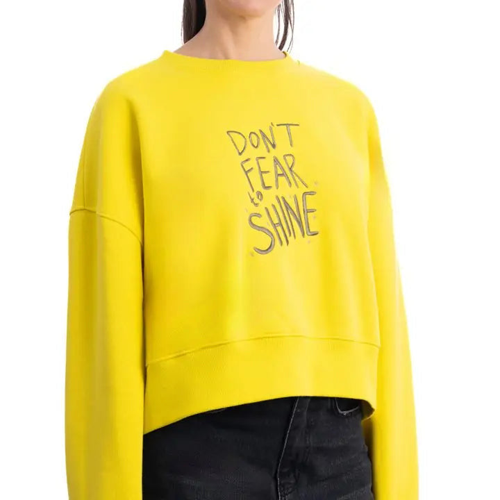Kadın Sarı Shine Nakış Detaylı Crop Oversize Sweatshirt - 3