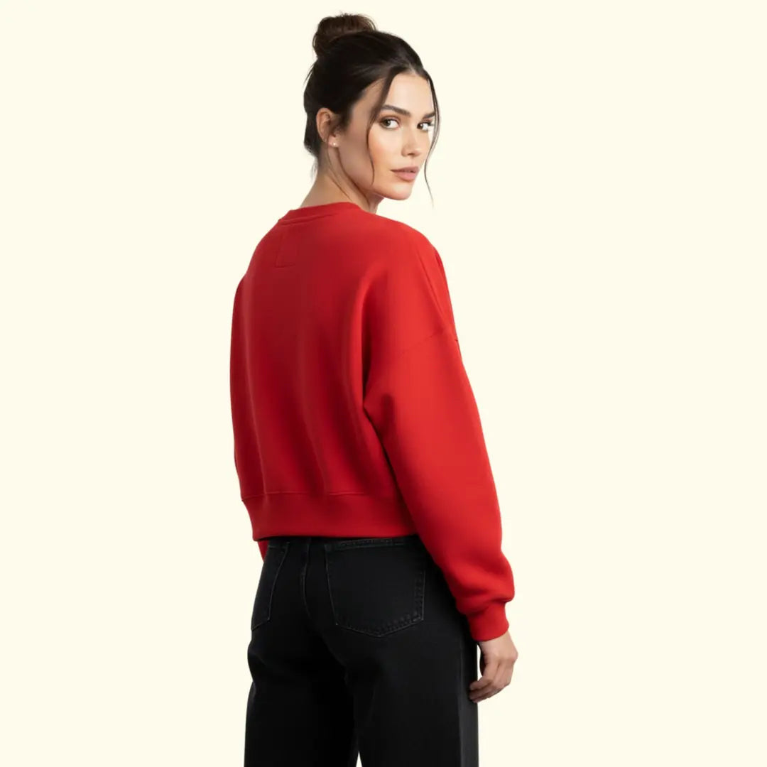 Kadın Kırmızı Love Club Nakış Detaylı Crop Oversize Sweatshirt - 3