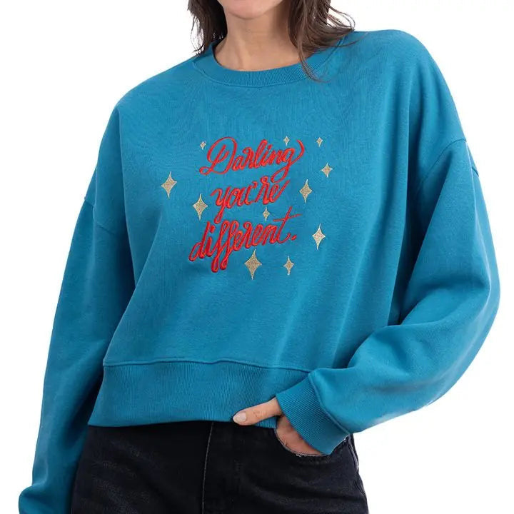Kadın Petrol Darling Nakış Detaylı Crop Oversize Sweatshirt - 3