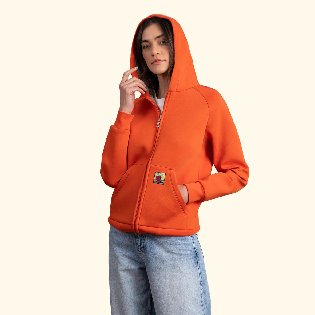 Kadın Oranj Su İtici Flok Kapüşonlu Sweatshirt Ceket - 3