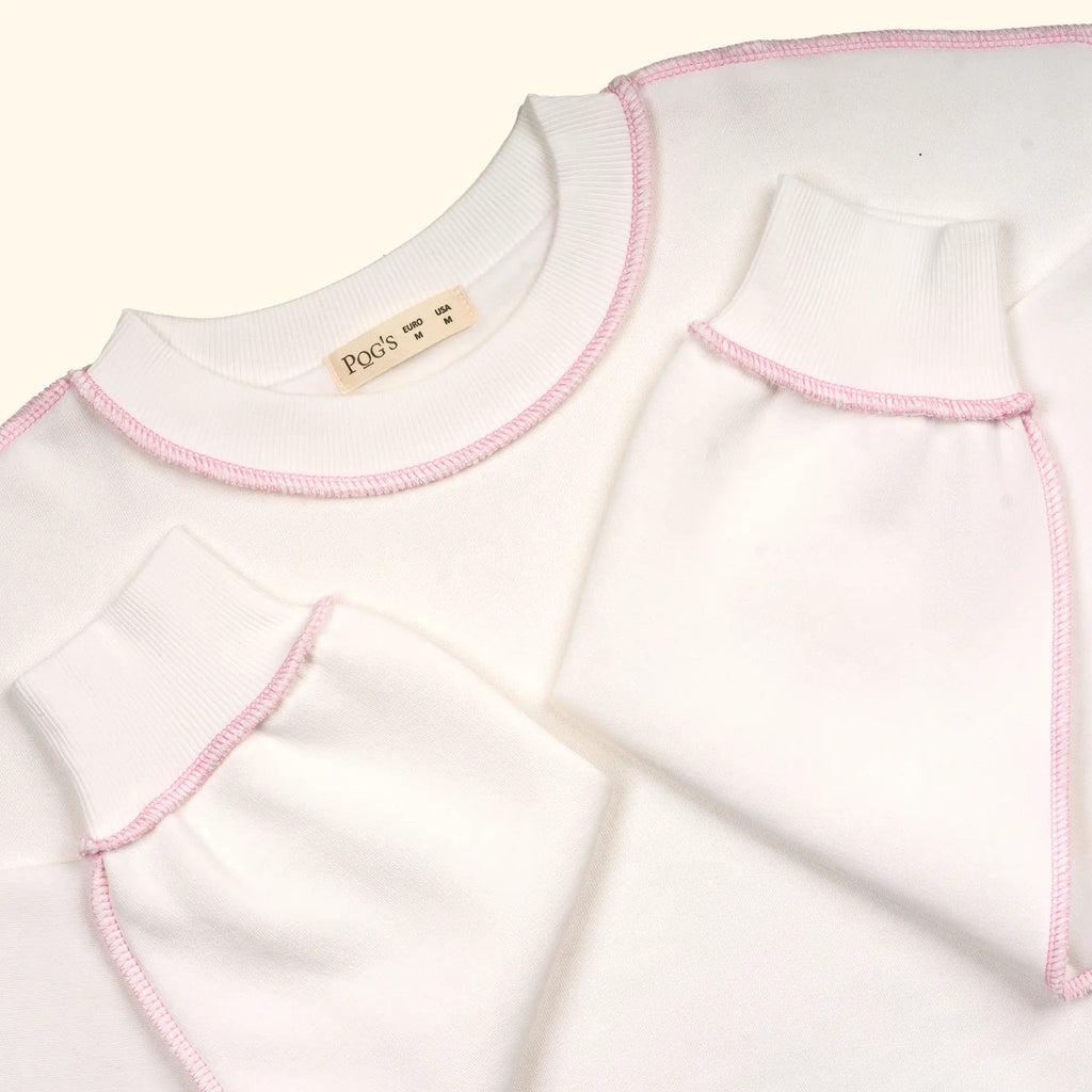 Kadın Beyaz-Pembe Kontrast Dikişli Oversize Salaş Sweatshirt - 3