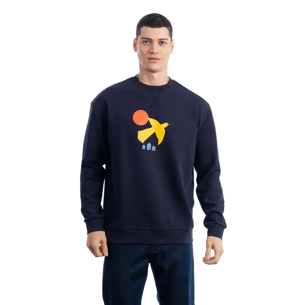 Erkek Lacivert Yellow Bird Baskılı %100 Pamuk Regular Fit Sweatshirt - 3