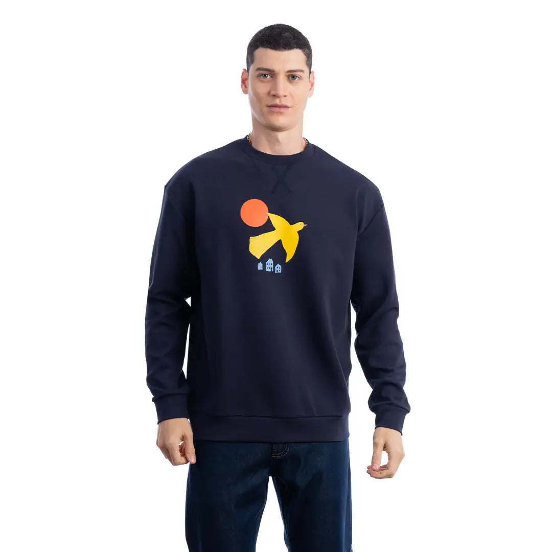 Erkek Lacivert Yellow Bird Baskılı %100 Pamuk Regular Fit Sweatshirt - 3