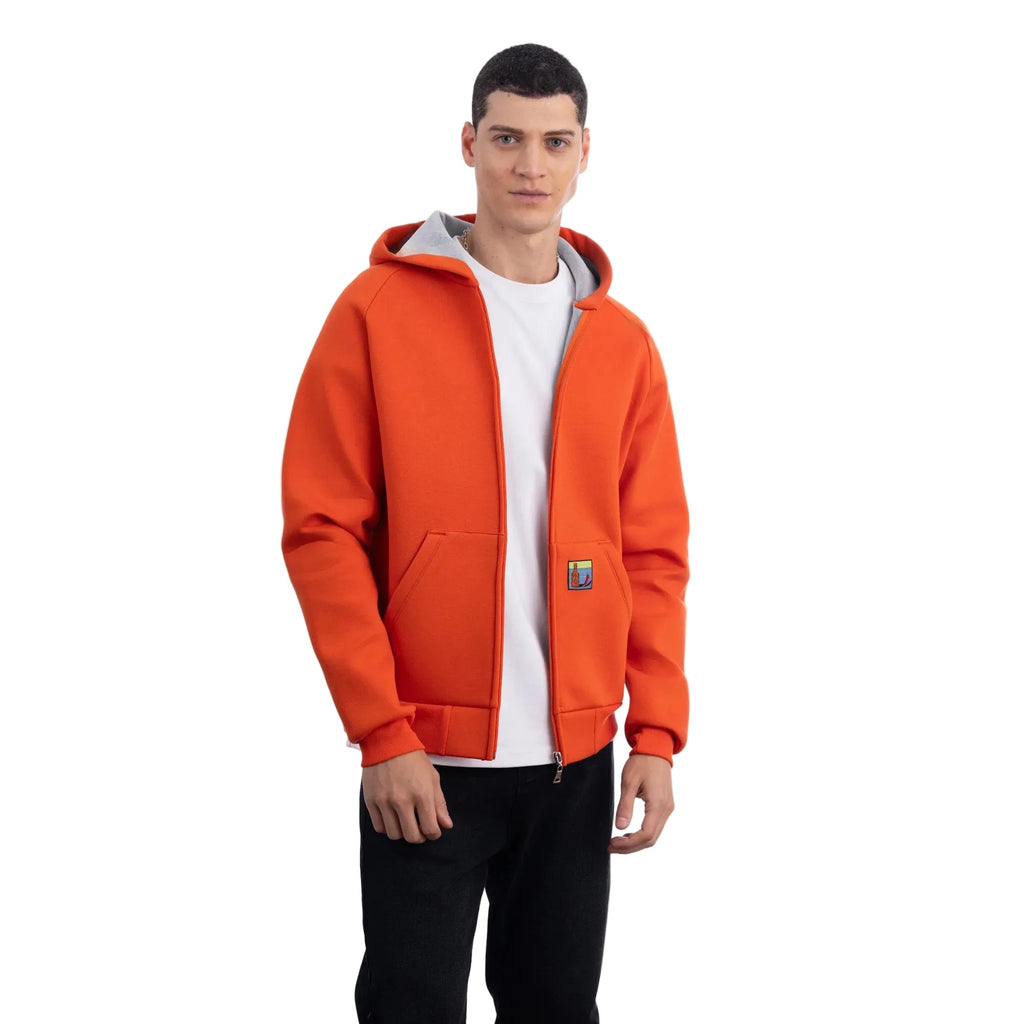 Erkek Oranj Su İtici Kapüşonlu Flok Sweatshirt Ceket - 3