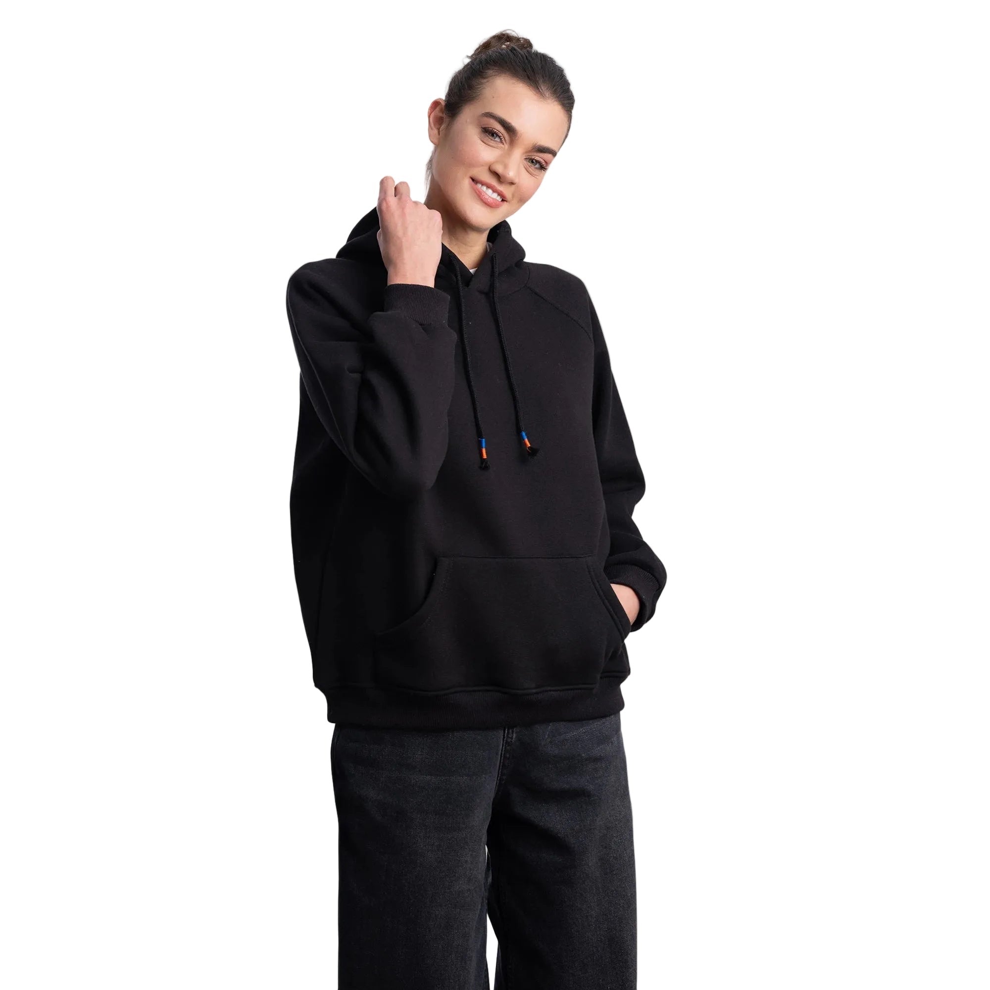 Kadın Siyah Kapüşonlu Salaş Hoodie Sweatshirt - 3