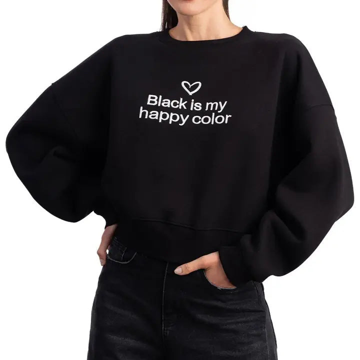 Kadın Siyah Black Nakış Detaylı Crop Oversize Sweatshirt - 3