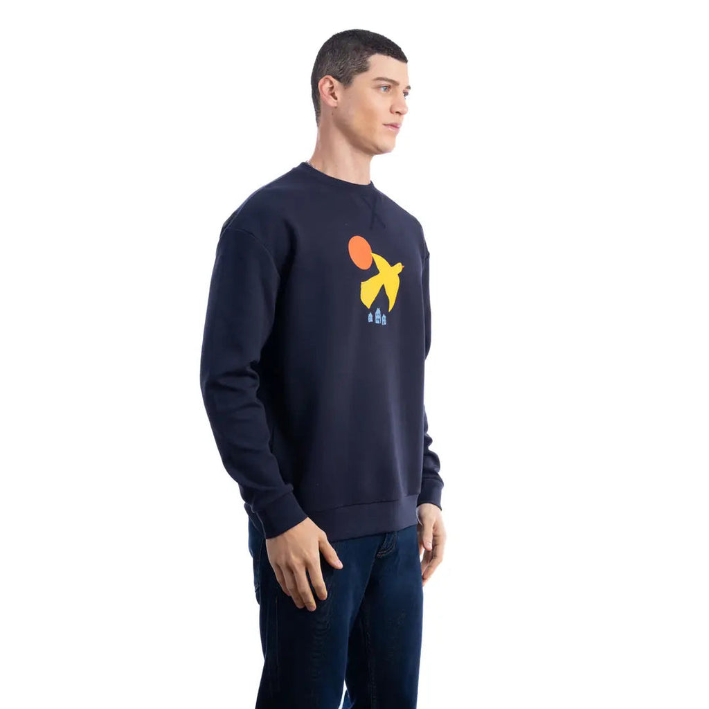 Erkek Lacivert Yellow Bird Baskılı %100 Pamuk Regular Fit Sweatshirt - 4