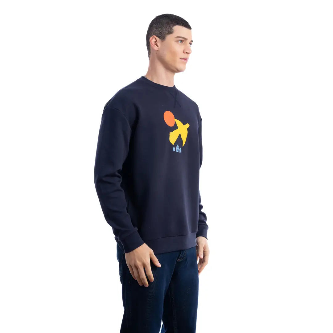 Erkek Lacivert Yellow Bird Baskılı %100 Pamuk Regular Fit Sweatshirt - 4