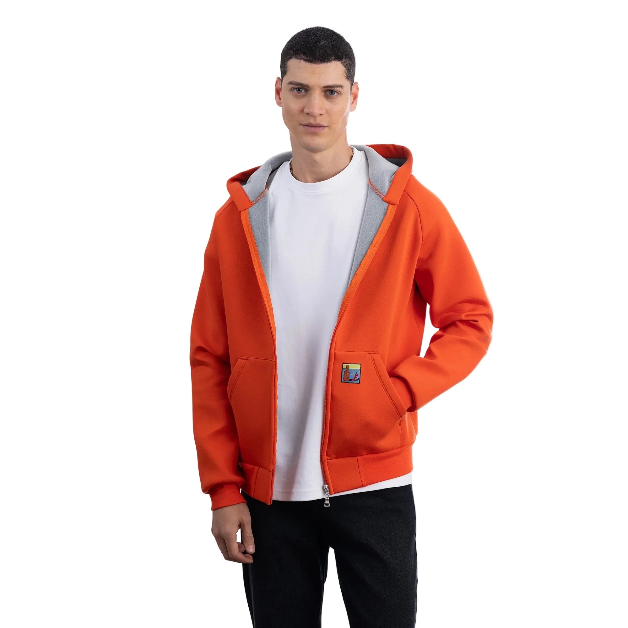 Erkek Oranj Su İtici Kapüşonlu Flok Sweatshirt Ceket - 4