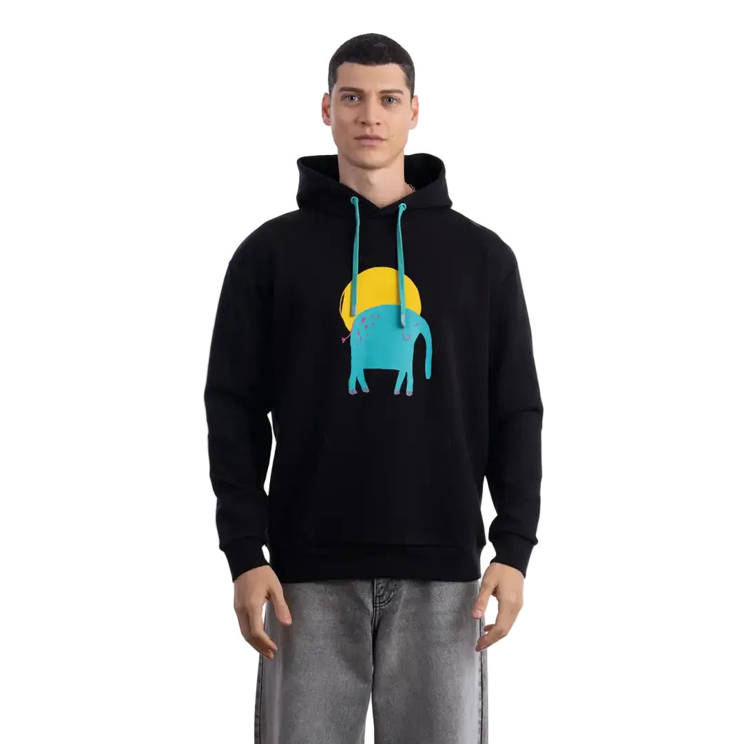 Erkek Siyah Elephant Baskılı Kapüşonlu %100 Pamuk Sweatshirt - 4