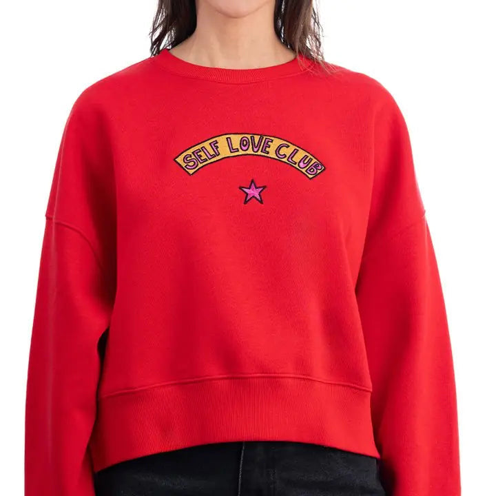 Kadın Kırmızı Love Club Nakış Detaylı Crop Oversize Sweatshirt - 4