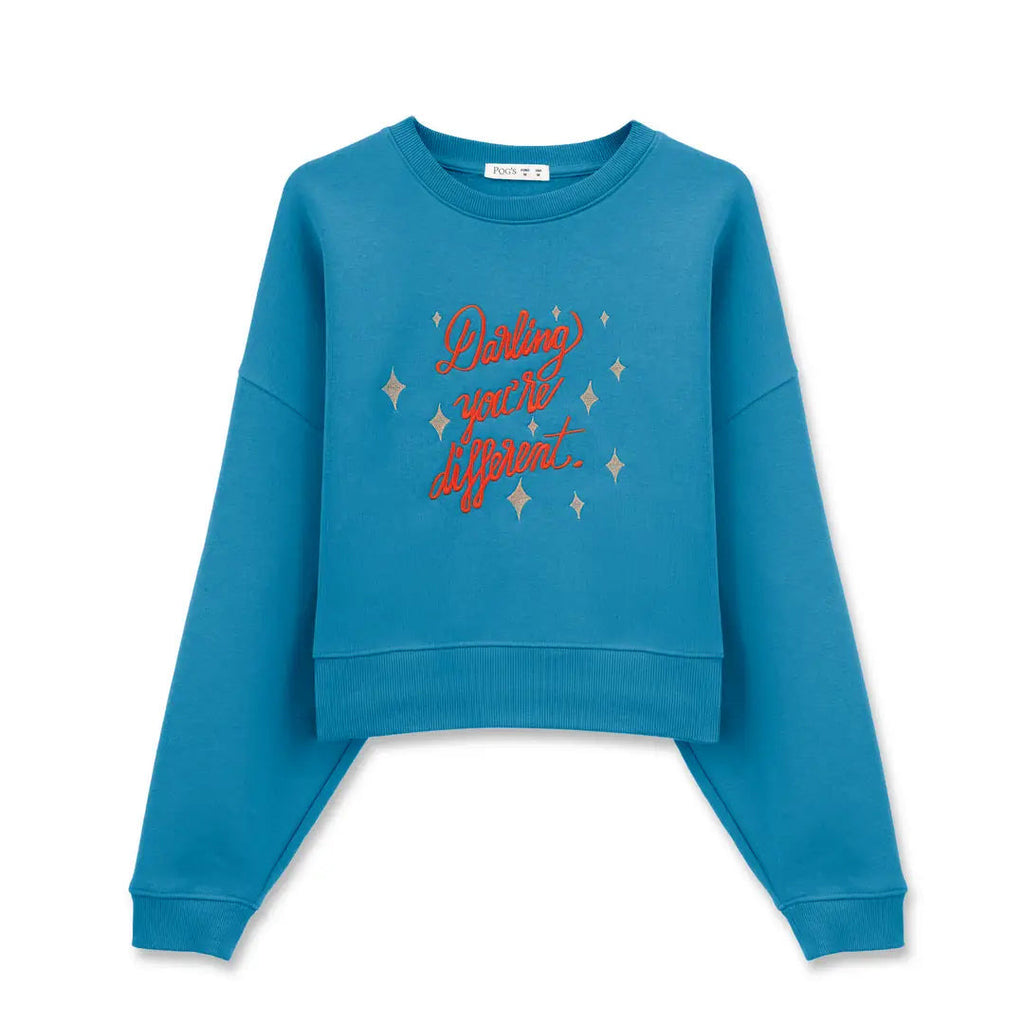 Kadın Petrol Darling Nakış Detaylı Crop Oversize Sweatshirt - 4