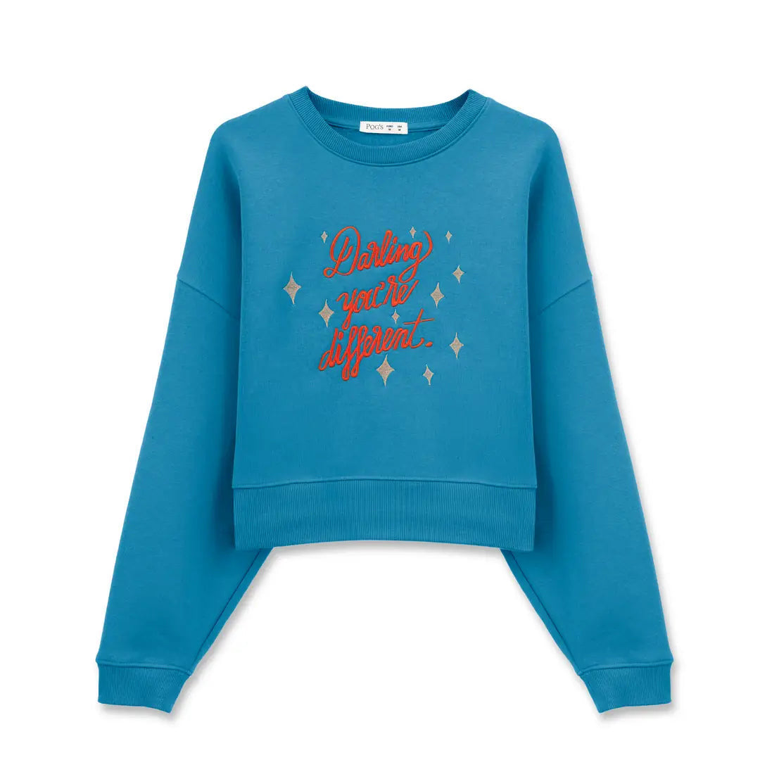 Kadın Petrol Darling Nakış Detaylı Crop Oversize Sweatshirt - 4