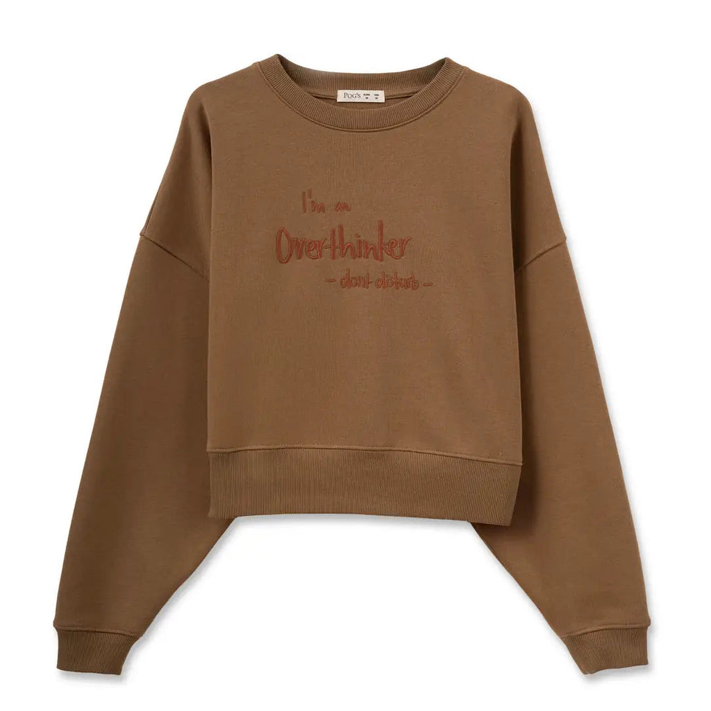 Kadın Kahve Overthinker Nakış Detaylı Crop Oversize Sweatshirt - 4