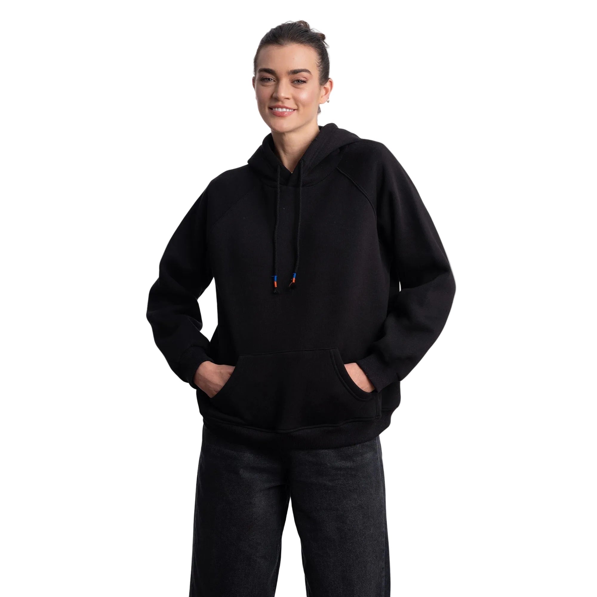Kadın Siyah Kapüşonlu Salaş Hoodie Sweatshirt - 4